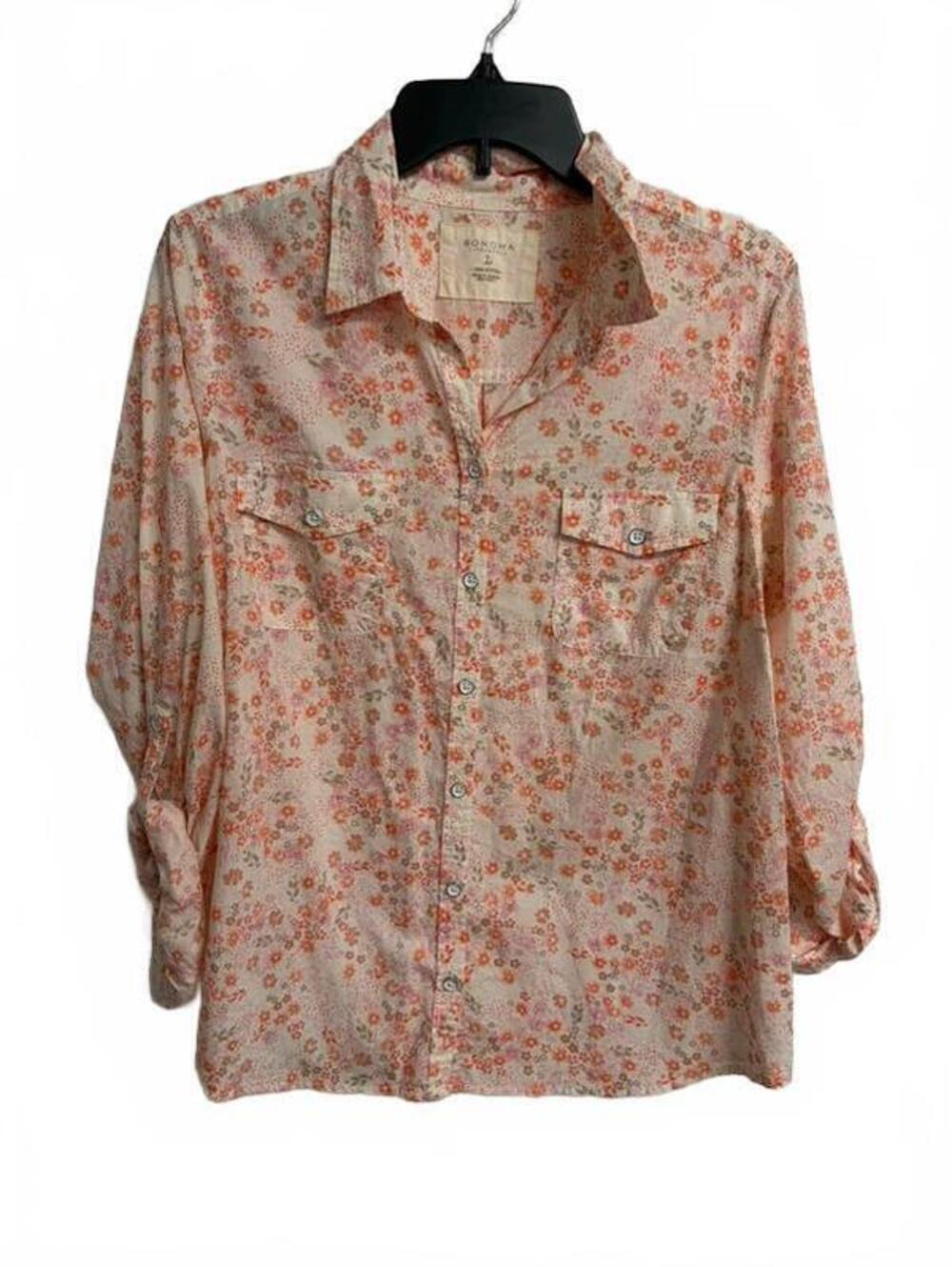 Sonoma Lifestyle Large Floral Cotton Button Up Roll Tab Sleeve Shirt